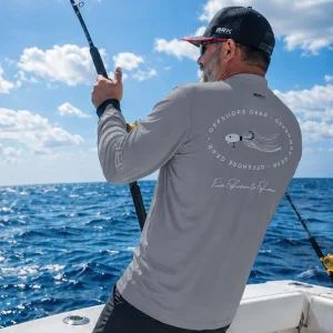 Camisa de Pesca em Alto Mar Cinza Iscas com Proteção UV50