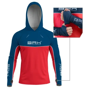 Camisa de Pesca Brk com Capuz Hybrid Red Blue Fishin com Proteção Solar UV50+